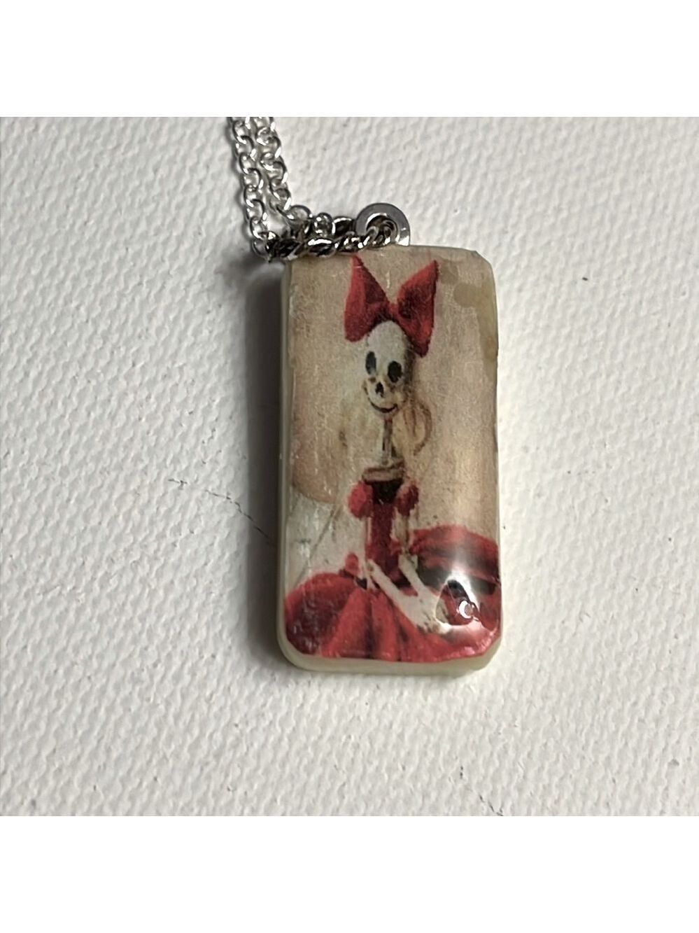 HOLIDAY Party Skeleton Girl with bow Necklace Vintage Upcycled Domino